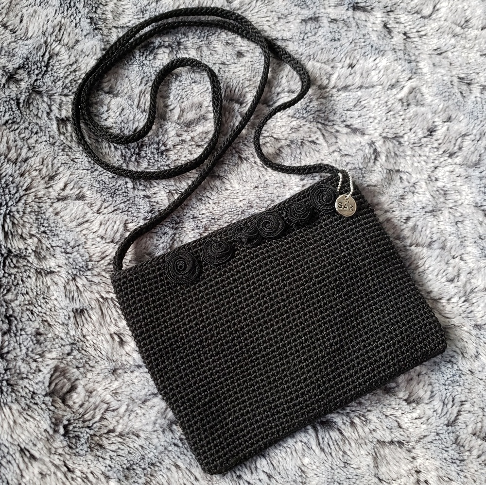 The Sak Mini Crochet Crossbody Purse Black Rosette